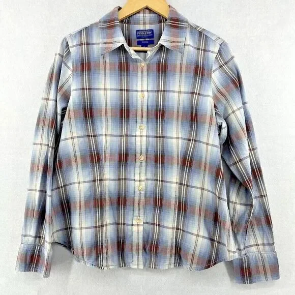 PENDLETON Women‎ 100% Cotton  Blue & Brown Plaid Button Up Shirt Size Large - Picture 3 of 8
